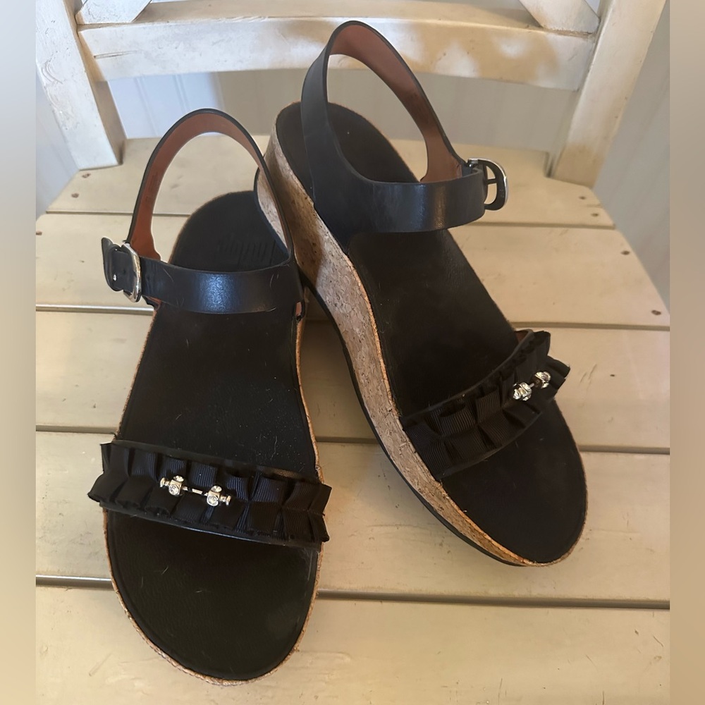 Fit Flop Black Ruffled Sandal with Faux Diamond Embellishment